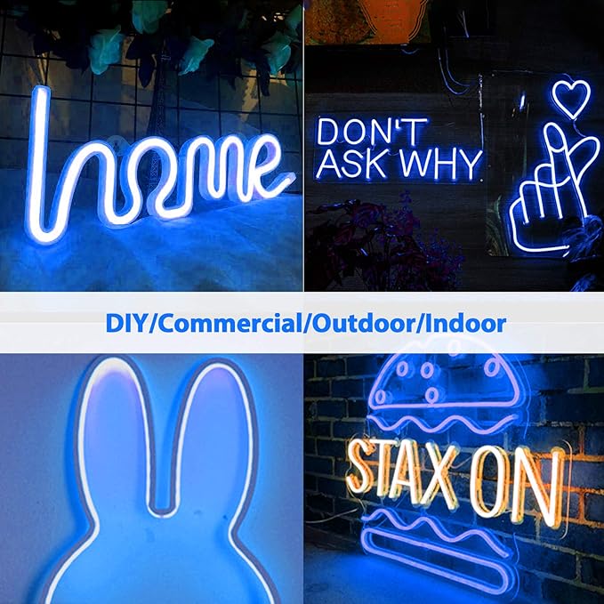 Lamomo LED Neon Lights, 16.4ft Blue LED Strip Light, 12V 0.39in/Cut Silicone Waterproof Neon Rope Light, DIY Neon Sign for Bedroom Indoor Outdoor Decoration（Power Adapter not Included）