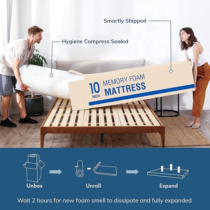EGO White 10 inch Queen Memory Foam Mattress, Cooling Gel Green Tea Mattress Bed in a Box, CertiPUR-US Certified, Double Mattress, 60"×80", Medium Firm