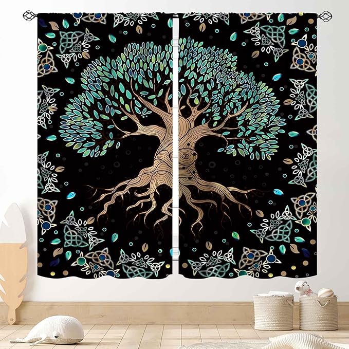 Tree of Life Curtains, Hippie Green Leaves Tree Life Vikings Celtic Nordic Aesthetic Mythology Window Drapery Treatments for Bedroom Living Room Bathroom 2 Panels, 42"x63" Inch