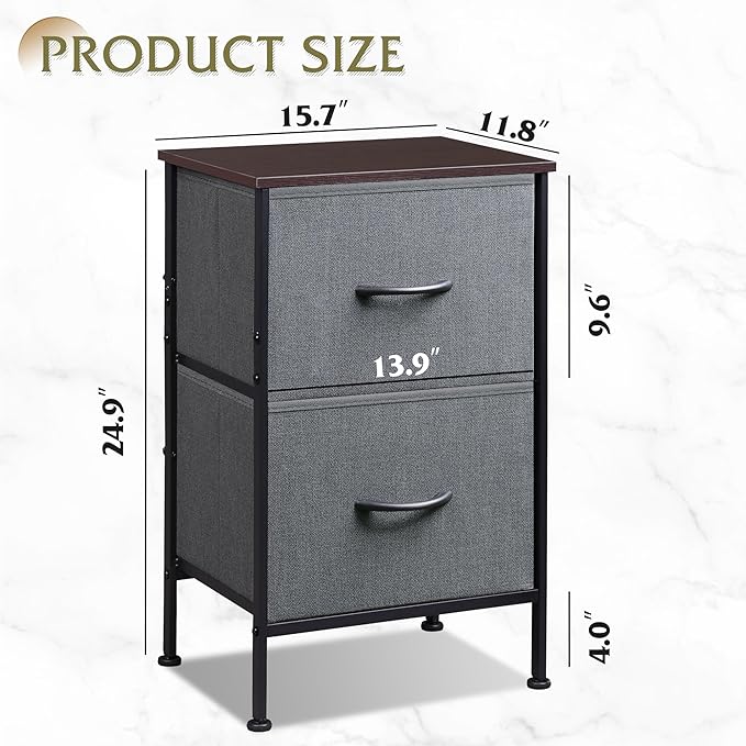 WLIVE Night Stand Set 2, Dresser and Nightstand Sets, Nightstands for Bedroom with 2 Fabric Drawer, End Tables Bedroom Furniture Set, Closet, College Dorm, Dark Grey, Size L