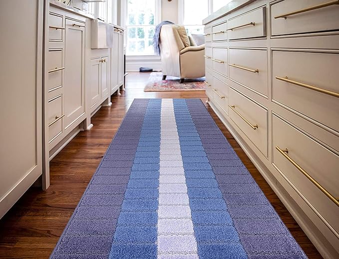 Custom Size Coastal Nautical Style Runner Rug Carpet for Hallway Entryway, Slip Resistant Latex Rubber Backed, 31 inch Wide X Customized Length, Squares Blue, 31 inch X 30 feet
