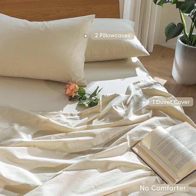 MooMee Bedding Duvet Cover Set 100% Washed Cotton Linen Like Textured Breathable Durable Soft Comfy (Heathered Almond Milk Grey, Cal King 104"x98")