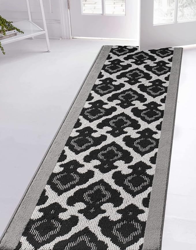 Custom Length Cut to Size Fleur de Lis Inspired Carpet Runner Rug for Hallways, Non Slip Rubber Backed, 31 inch Wide X Customized Length, Royal Grey, 31 inch X 4 feet, Doormat Size