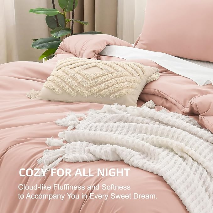 Litanika Comforters Blush Super King Size, 3 Pieces Lightweight Solid Bedding Set & Collections, All Season Fluffy Bed Set (120x120In Comforter & 2 Pillowcases)