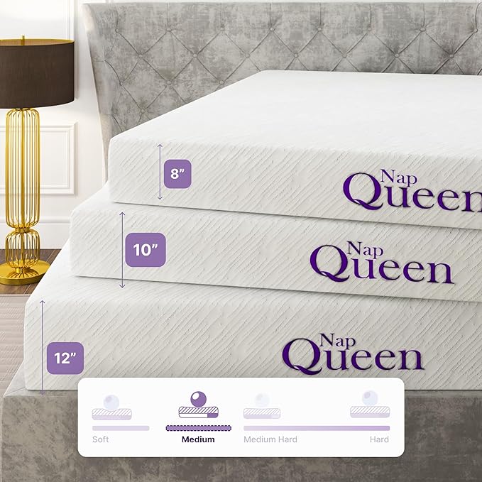 NapQueen 10 Inch Cooling Gel Full Size Medium Firm Memory Foam Mattress, Bed in a Box, White