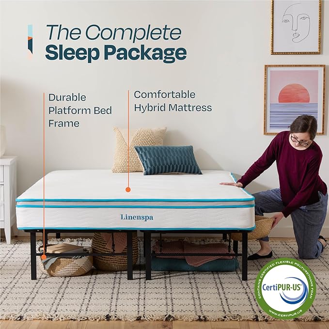 Linenspa 8” Memory Foam and Innerspring Hybrid Mattress + 14” Black Metal Platform Bedframe – Queen Mattress + Metal Folding Queen Bedframe