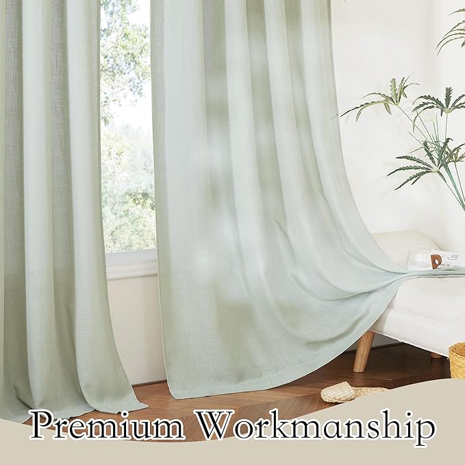 RYB HOME Natural Linen Curtains for Sliding Glass Door Bedroom, Semi Transparent Half Privacy 102 inches Long Rustic Semi Sheer 2 Panels Set, W 52 x L 102 inches, Sage Green, 2 Panels