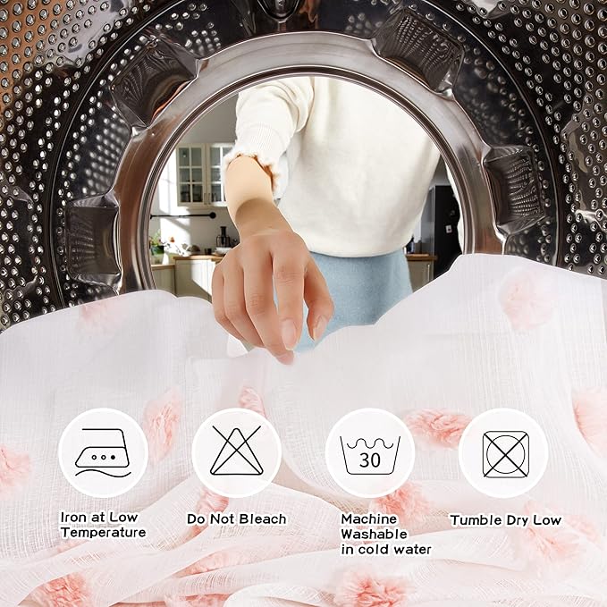 MYSKY HOME Pink Pom Pom Curtains for Living Room Nursery White Sheer Curtains for Girls Bedroom 63 Inch Length Long Window Curtains for Kids Room 2 Pieces Rod Pocket Farmhouse Window Drapes 37" x 63"