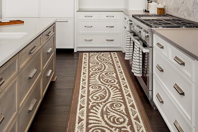 Custom Length Cut to Size Tribal Ethnic Southwestern Inspired Hallway Runner Rug, Non Slip Rubber Backed, 31 inch Wide X Customized Length, Mayan Brown, 31 inch X 12 feet