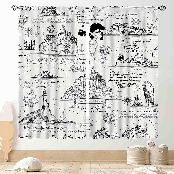Vintage Nautical Curtains, Marine Coastal Sailboat Compass Anchor Ocean Beach Old Pirate Map Retro Window Drapery Treatments for Bedroom Living Room Kitchen Bathroom 2 Panels, 63"x72" Inch