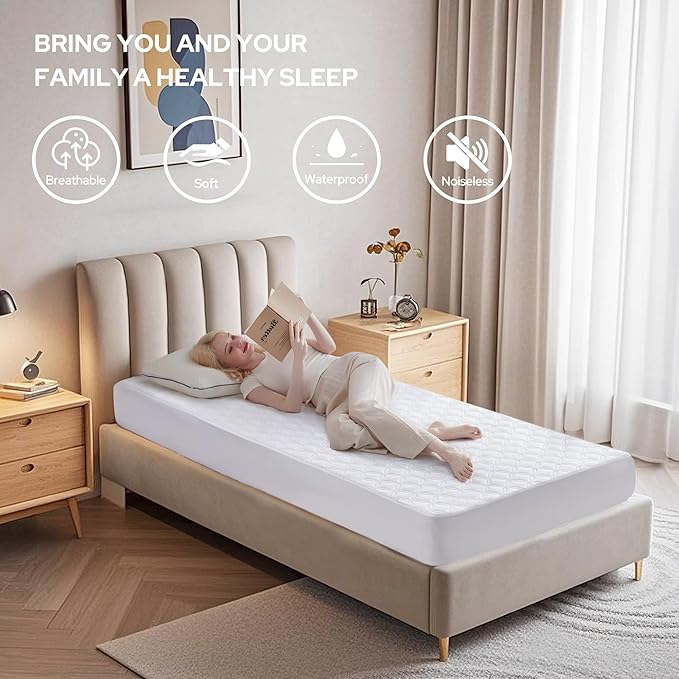 BEDLORE Waterproof Mattress Protector, Twin Size Mattress Pad with Deep Pocket Fitted Up to 6-15 inches, Soft Noiseless Single Bed Mattress Cover for Bedroom, Dorm Room (White)