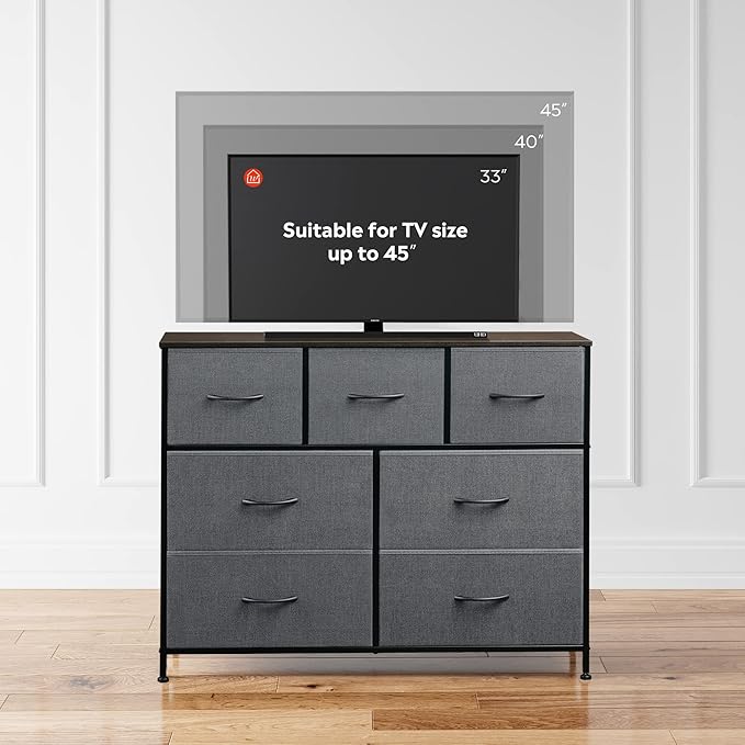 WLIVE 7 Drawer Dresser TV Stand, Entertainment Center, Media Console Table with Metal Frame and Wood Top for TV up to 45 inch, Chest of Drawers for Bedroom, Living Room, Dark Grey