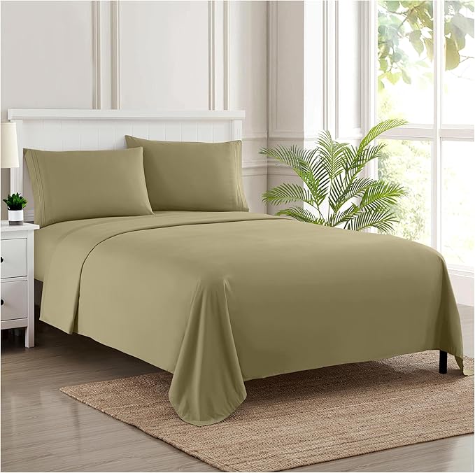 RV Queen Bed Sheets - Breathable Luxury Sheets with Full Elastic & Secure Corner Straps Built In - 1800 Supreme Collection Extra Soft Deep Pocket Bedding Set, Sheet Set, RV Short Queen, Sage