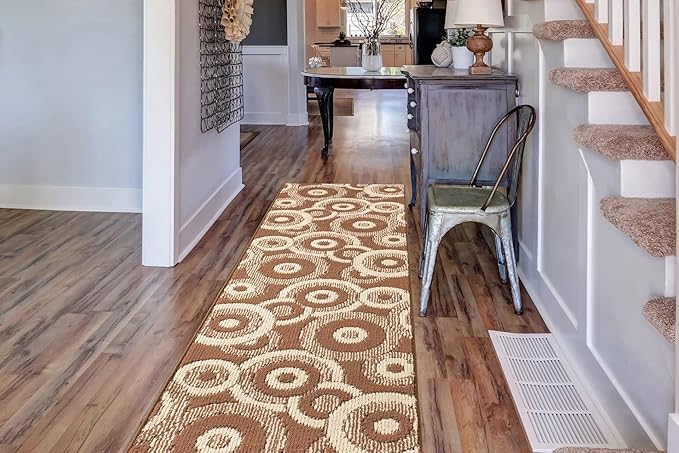 Custom Length Cut to Size Modern Farmhouse Carpet Runner Rug for Hallways, Non Slip Rubber Backed, 31 inch Wide X Customized Length, Geo Brown, 31 inch X 7 feet