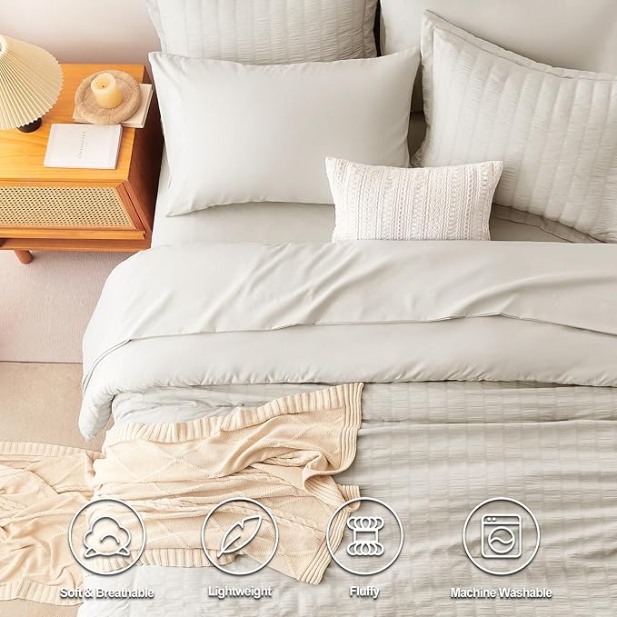 CozyLux Queen Comforter Set Beige Seersucker 7 Pieces Bed in a Bag Queen Comforter Set with Sheets, Luxury Soft Bedding Set with Down Alternative Comforter, Sheets, Pillowcases & Shams for All Seasons