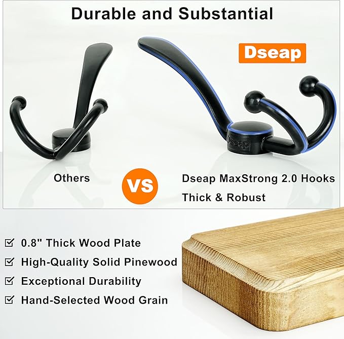 Dseap Coat Rack Wall Mounted - 24" Long 6 Tri Hooks, Heavy Duty Wooden Wall Coat Hanger Coat Hook for Clothes Hat Jacket Clothing, Weathered Yellow and Black
