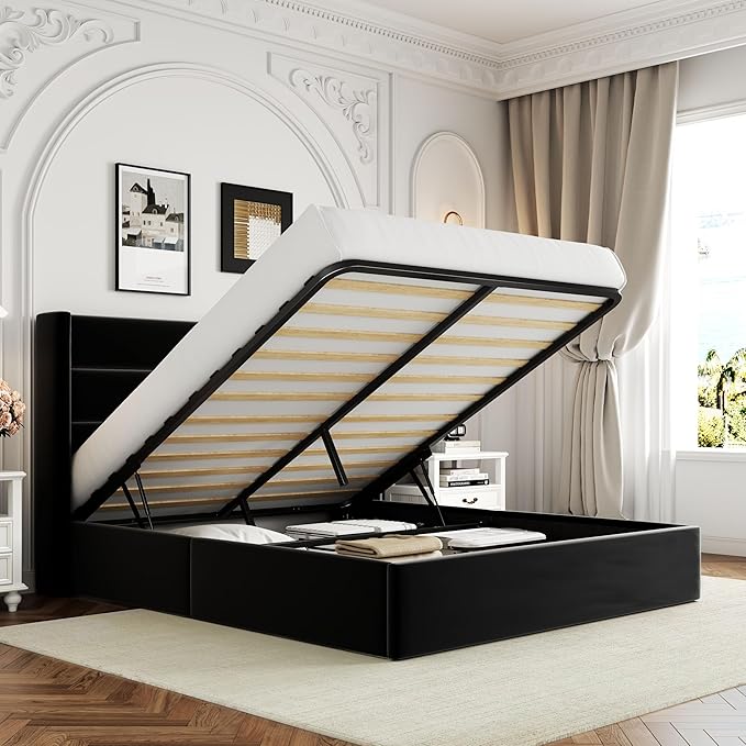Allewie Full Size Velvet Lift Up Storage Bed, Modern Wingback Headboard, Hydraulic Support, No Box Spring Needed, Black