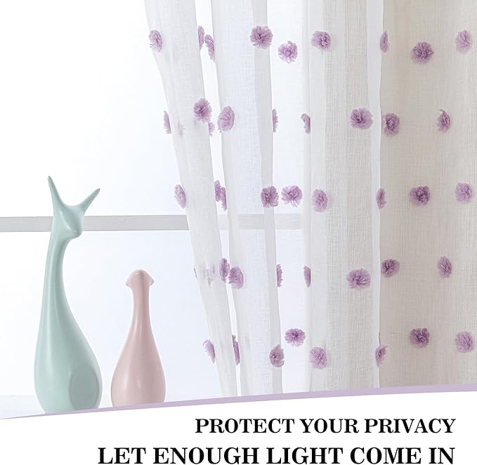MYSKY HOME 45 Inches Long Kitchen Curtains Small Window Curtains for Bathroom Cafe Bedroom Purple Pom Pom White Semi Sheer Curtains for Nursery Girls Room Rod Pocket 2 Pieces Drapes 52 x 45 inch