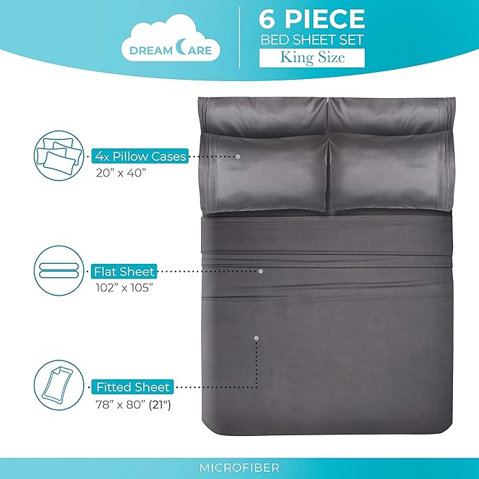 DREAMCARE King Size Sheets Set – 6 pcs Cooling Bed Sheets – up to 21” Deep Pocket King Sheet Set - 2500 Supreme Collection – Extra Soft 100% Brushed Microfiber Hotel Luxury with Side Pocket - Gray