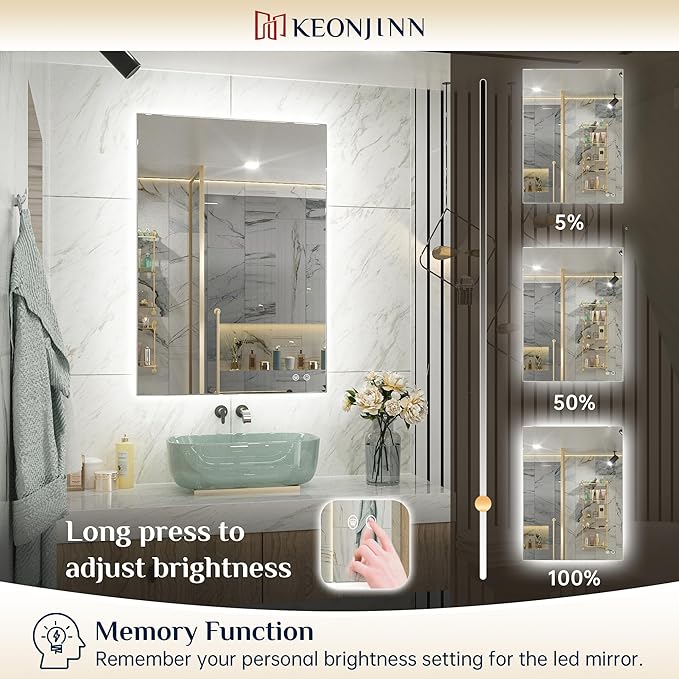 Keonjinn 48 x 36 Inch Backlit Mirror for Bathroom, Anti-Fog Led Mirror, CRI90+ HD Tempered Glass, Stepless Dimmable Lighted Mirror, High Lumen, UL Listed, Waterproof, Horizontal/Vertical
