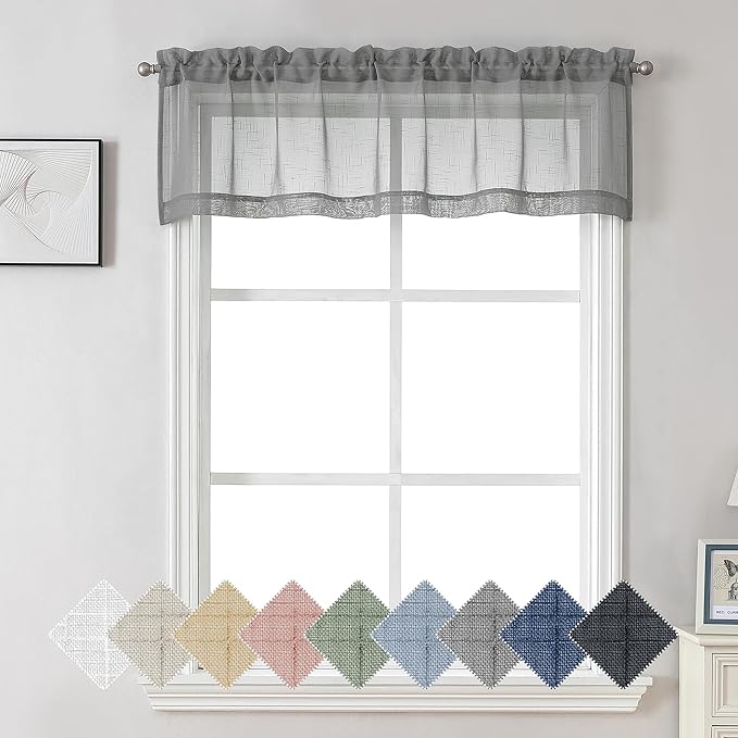 Aiyufeng Kirei Faux Linen Kitchen Sheer Valance 14 Inch Length, Soft Airy Slub Textured Short Curtain for Small Windows Farmhouse Bathroom Bedroom Basement, 60X14 Inch, 1 Piece, Silver Grey
