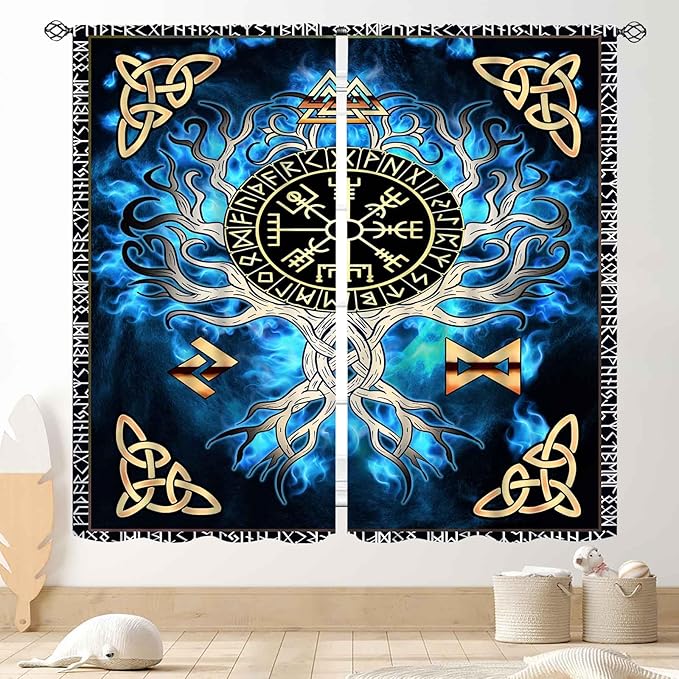 Tree of Life Curtains, Vikings Celtic Nordic Life Tree Scandinavian Aesthetic Mythology Blue Window Drapery Treatments for Bedroom Living Room Bathroom 2 Panels, 42"x54" Inch