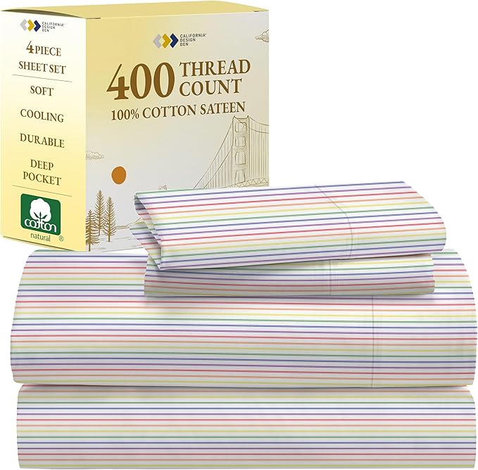 California Design Den Full Size Bed Sheets Set - 400 Thread Count Sateen, Natural 100% Cotton Sheets, Deep Pocket Cooling and Durable Bedding Set - Rainbow Striped