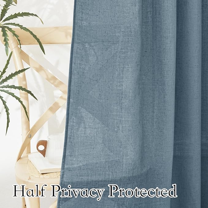 RYB HOME Natural Semi Sheer Curtains - Linen Texture Light Filtering Privacy Lightweight Wrinkle-Resistant Washable Vintage Drapes for Kitchen Home Office, W 60 x L 95 inches, Stone Blue, 1 Panel