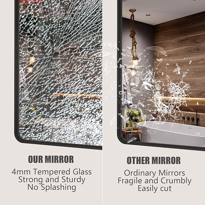 36x36 Square Black Bathroom Mirror, Matte Framed Bathroom Vanity Mirror for Wall, Modern Rectangle Mirror, Rounded Corners, Tempered Glass