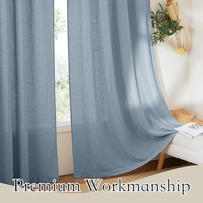RYB HOME Boho Linen Curtains 90 inches Long, Light Filtering Vertical Texture for Living Room Glass Door Nursery Dining Room, Privacy Assured Natural Fabric Drapes, Dusty Blue, W 60 x L 90, 1 Pc