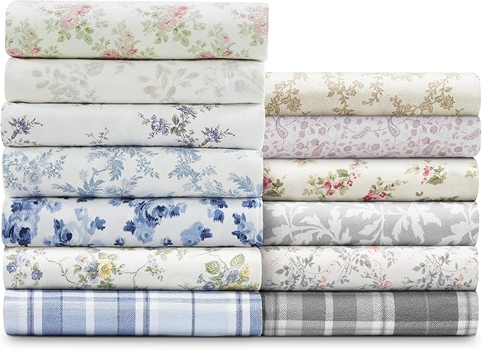 Laura Ashley - Flannel Sheets Twin Size, Anti-Pilling & Wrinkle Resistant Cotton, Touchably Soft for All-Season Comfort - Bed Sheets with Matching Pillowcase & Fitted Sheet (Muholland Plaid Blue)