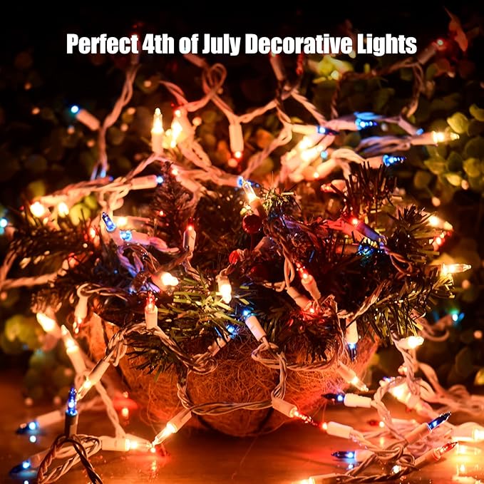 4th of July Decorations Patriotic Lights 100 Count Mini Red White Blue Incandescent Bulb Plug in Independence Day Lights for Indoor Outdoor Home Garden Patriotic Theme Memorial Day Decorations