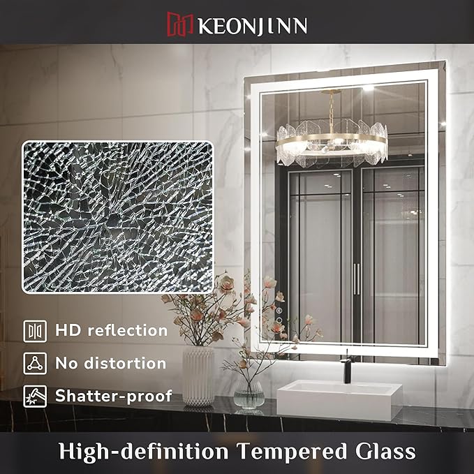 Keonjinn 48 x 30 Bathroom LED Mirror, Front Lighted Bathroom Vanity Mirror, Shatter-Proof Tempered Glass, UL-Listed LED Driver, Fog Free, Dimmale 6000K, Easy to Install(Horizontal/Vertical)