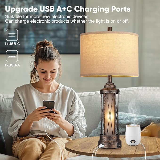 Qimh Farmhouse Table Lamps for Living Room, Rustic Nightstand Lamp for Bedroom with USB A+C Charging Ports, Frosted Glass Bedside Lamp with Night Light for Entryway End Table, 4 Bulbs Included, Bronze