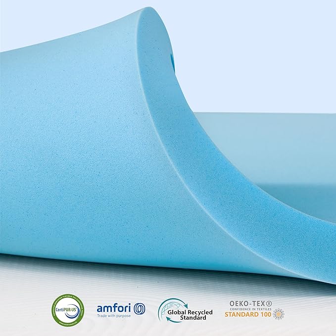 Subrtex 4 Inch Memory Foam Mattress Topper Mattress Pad Ventilated Gel Infused Bed Foam Topper for Pressure Relieving, CertiPUR-US Certified, Queen, Blue