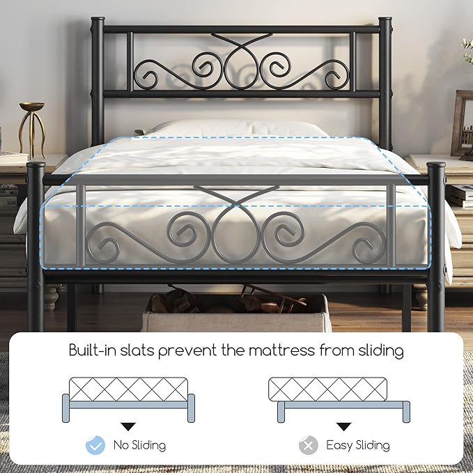 Yaheetech Twin Bed Frames Metal Platform Bed with Headboard and Footboard No Box Spring Needed Easy Assembly,Under-Bed Space: 12.6''/Black/Twin Bed