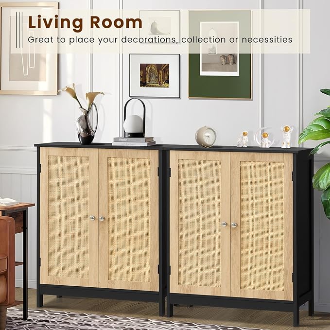 Iwell Storage Cabinet with Rattan Doors, Bathroom Storage Cabinet with Adjustable Shelf, Floor Cabinet for Living Room, Entryway, Kitchen, Home Office, Black
