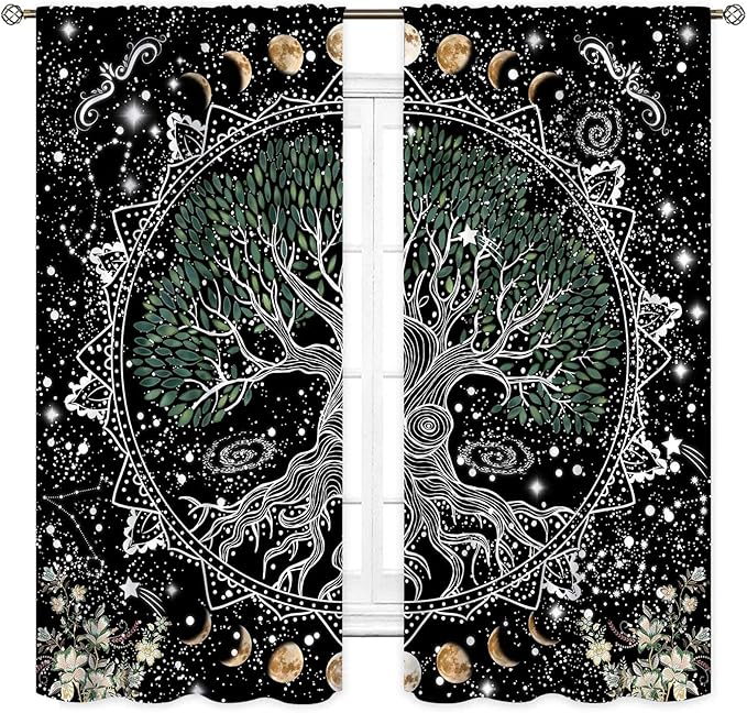 Life Tree Curtains, Hippie Sun Moon Trippy Tree of Life Bohemian Mandala Aesthetci Mystic Witchy Blackout Window Drapery Treatments for Bedroom Living Room Bathroom Decor, 55"x63" Inch