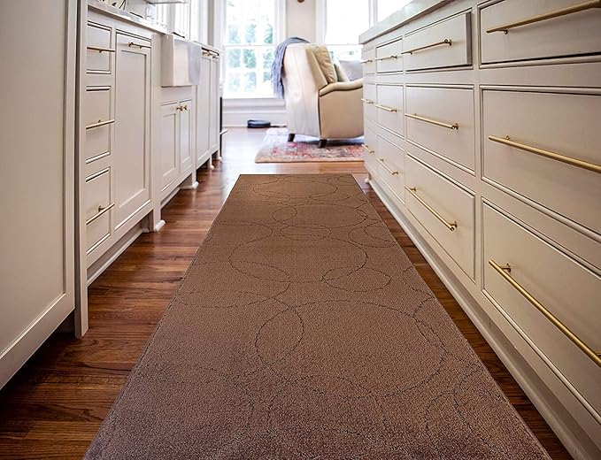 Custom Size Modern Geometric Pattern Carpet Runner Rug for Hallways, Slip Resistant Latex Rubber Backed, 31 inch Wide X Customized Length, Circles Brown, 31 inch X 19 feet