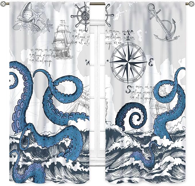Nautical Curtains, Coastal Old Pirate Map Sailboat Compass Anchor Vintage Ocean Kraken Octopus Tentacles Blue Marine Window Drapery Treatment for Bedroom Living Room Kitchen Bathroom, 42"x63" Inch