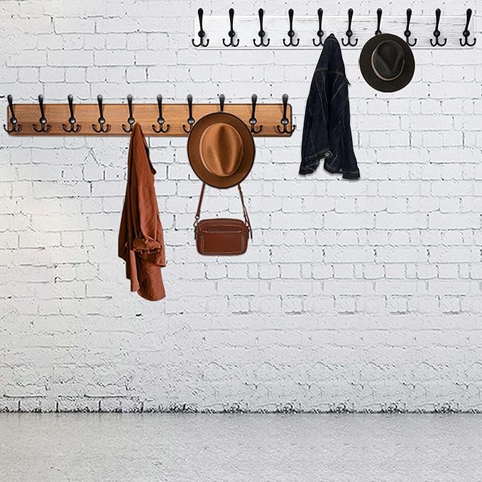 WEBI Wall Mounted Coat Rack, 38 9/16" Long, 10 Hooks, Wood Hanger Rail With Triple Hooks for Hanging Clothes, Jackets - Black/White, 2 Packs