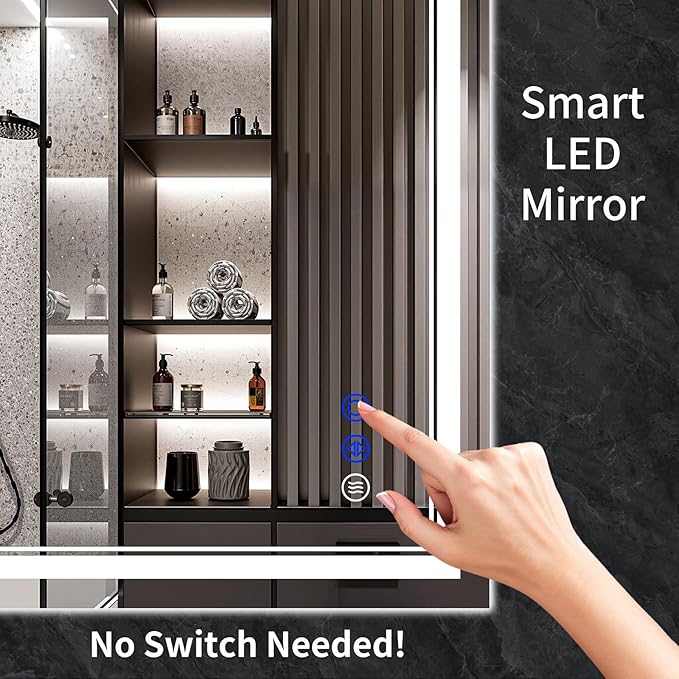 55"x30" LED Bathroom Mirror with Anti-Fog, Stepless Dimmable Lights, 3 Color Modes, Shatter-Proof Tempered Glass, Memory Function & Waterproof Design