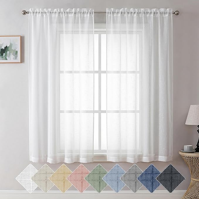 Aiyufeng Kirei Linen White Sheer Curtains - 2 Pieces, Elegant, Natural Light Flow, Rich Quality Material, Highly Durable Window Curtain Panels for Bedroom/Living Room (40" W x 63" L, Pure White)