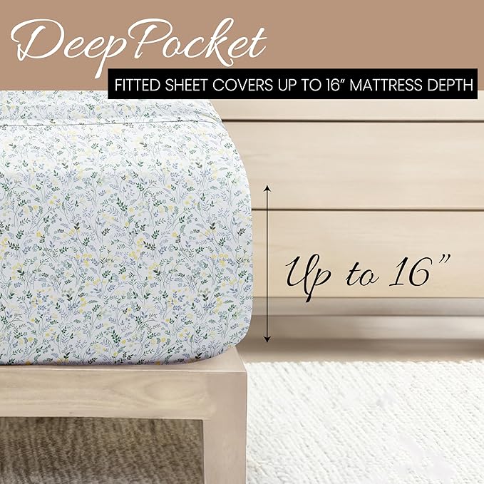 Linen Market 4 Piece Queen Sheet Set - Breathable, Double-Brushed Patterned Cooling Sheets – Oeko-TEX Certified Ultra Soft & Wrinkle-Free 16" Deep-Pocket Queen Sheets - Easy Care Wildflower Blue