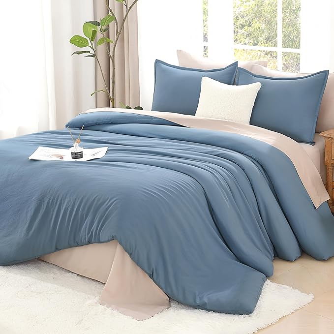 Litanika Full Size Comforter Sets Grayish Blue, 3 Pieces Lightweight Solid Bedding Comforter Set, All Season Fluffy Bed Set (79x90In Comforter & 2 Pillowcases)