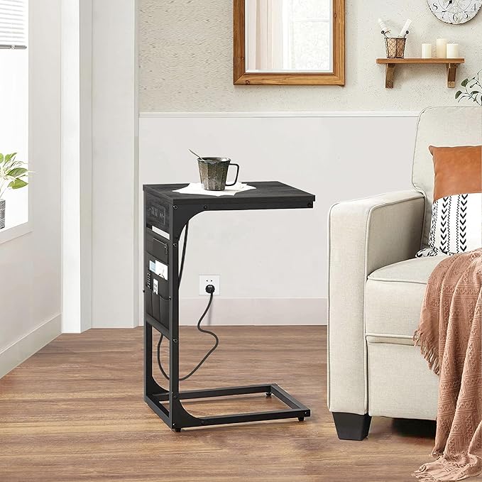 TUTOTAK C Shaped End Table with Charging Station, Side Table for Sofa, Couch Table with Storage Bag, TV Tray Table with 2 USB Ports and Outlets for Living Room, Bedroom, TB01BY024