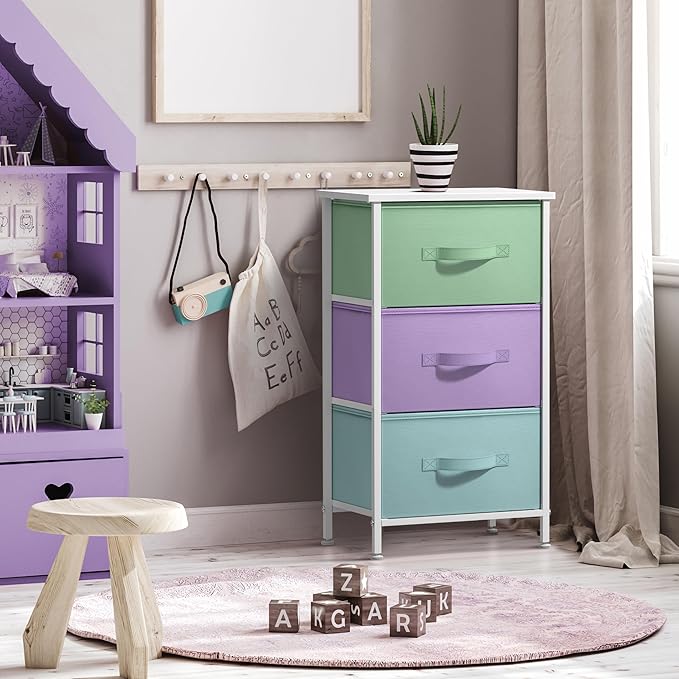 Sorbus Nightstand with 3 Drawers - Bedside Furniture & Accent End Table Storage Tower for Home, Bedroom Accessories, Office, College Dorm, Steel Frame, Wood Top, Easy Pull Fabric Bins (Pastel/White)