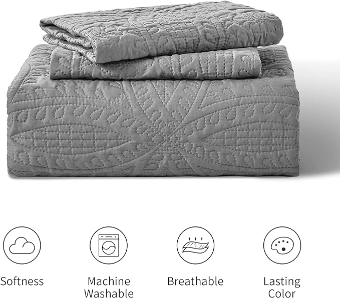 Love's cabin King Size Quilt Set Grey Bedspreads - Soft Bed Summer Lightweight Bedspread Comforter - Modern Style Coin Pattern Coverlet for All Season - 3 Pieces (1 Quilt, 2 Pillow Shams)