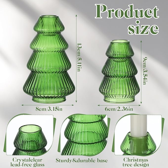 Leinuosen 4 Pcs Christmas Tree Candle Holder Green Glass Candlestick Holder for Taper Candle Stand Modern Green Candlestick for Christmas Holiday Table Centerpiece Mantel Home Room Party Decor Gift