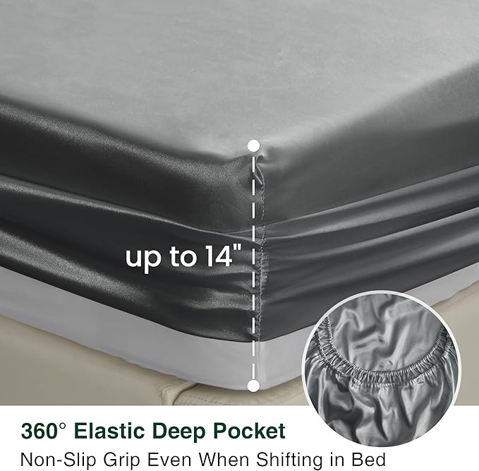 Love's cabin Twin XL Satin Sheet Sets - 3 Piece Dark Grey Silky Bed Sheets with Deep Pockets, Luxury Silk Feel Satin Sheet Set Twin XL (1 Flat Sheet,1 Fitted Sheet,1 Pillow case)